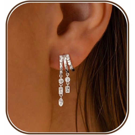 Dangle Earrings for Women,14k Gold Plated Triple Huggie Stud Earrings Cute Statement Chain Earring Dainty Drop Earrings for Women Trendy Gold Plated Jewelry