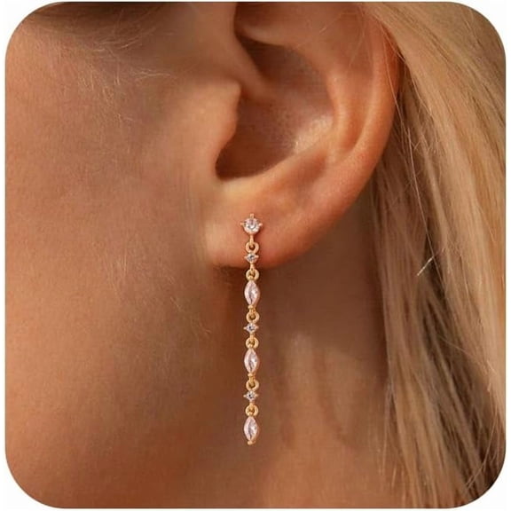 Dangle Earrings for Women, Dainty Pearl Drop Earrings CZ Wedding Earrings for Brides, Dangling Drop Earrings for Women Trendy Long Chain Earrings, Gold-golddrop-