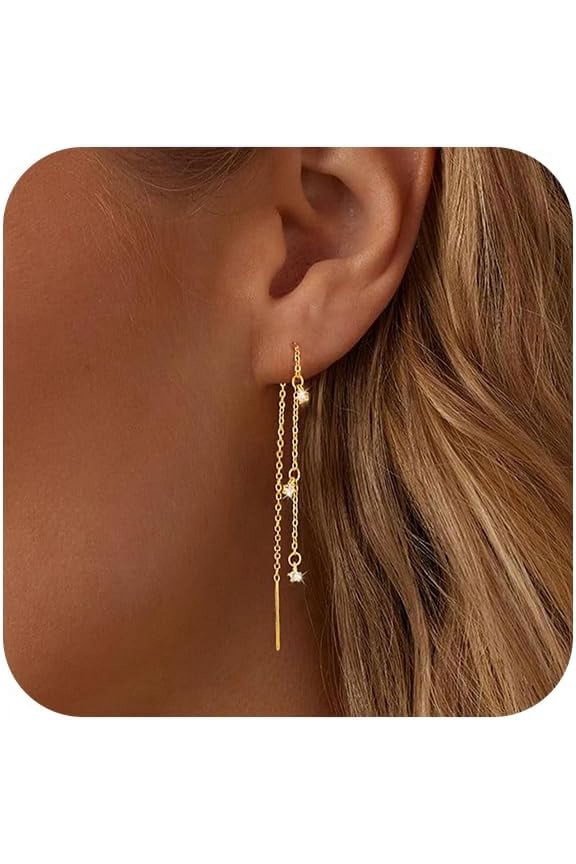 -Dangle Earrings for Women, Dainty Pearl Drop Earrings CZ Wedding Earrings for Brides, Dangling Drop Earrings for Women Trendy Long Chain Earrings, Gold-longearrings-