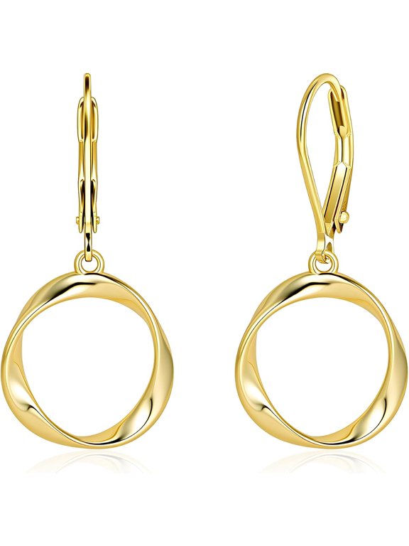 Dangle Earrings for Women, Silver Round Twist Dangling Leverback Earrings, 14K Gold Plated Hypoallergenic Lightweight Circle Dangly Drop Earings for Women Minimalist Jewelry Gifts, Mobius Design