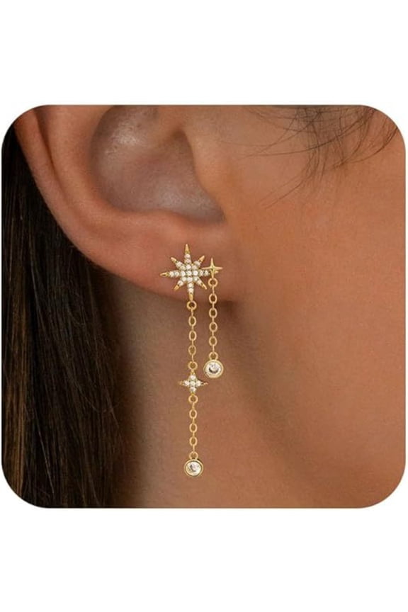 Dangle Earrings For Women,Trendy Star Drop Earring 14K Gold Plated Hypoallergenic Prom Star Dangle Earrings Dainty Long Chain Earring Fashion Womens Gold Jewelry