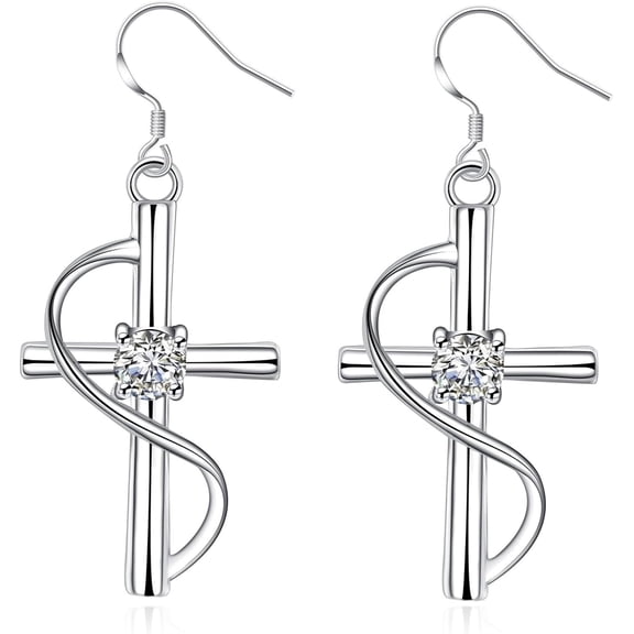 Dangle Earrings for Women, Stackable Earrings Set Silver Cross with Cz with White Round Cubic Zirconia[p951]