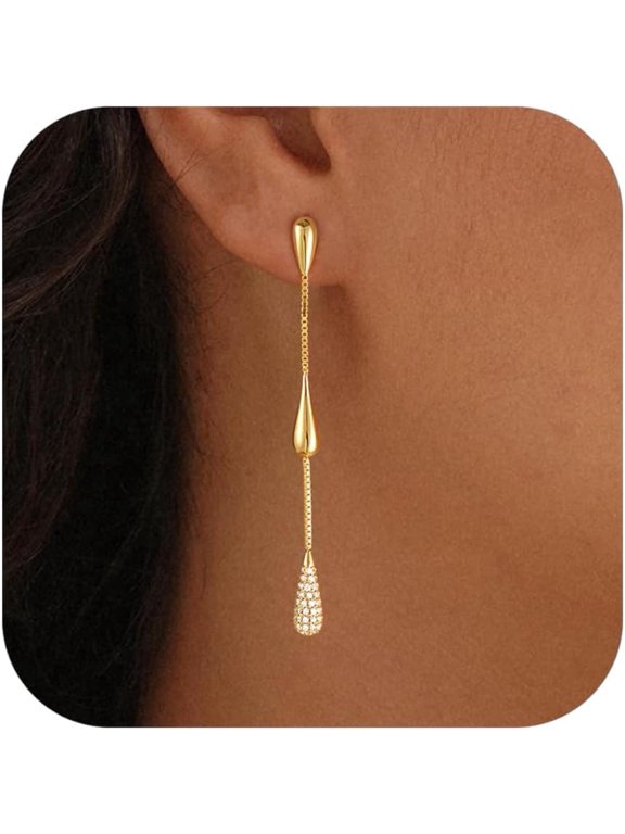 Dangle Earrings for Women Trendy, 14K Gold Plated CZ Huggie Drop Earrings, Dainty Long Chain Prom Wedding Jewelry Gift for Her