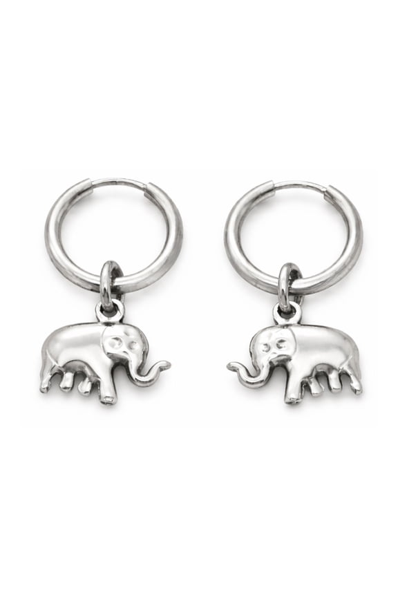 Dangle Elephant Hoop Earrings for Women 12mm Non-Plated Silver Tone Stainless Steel by Ginger Lyne