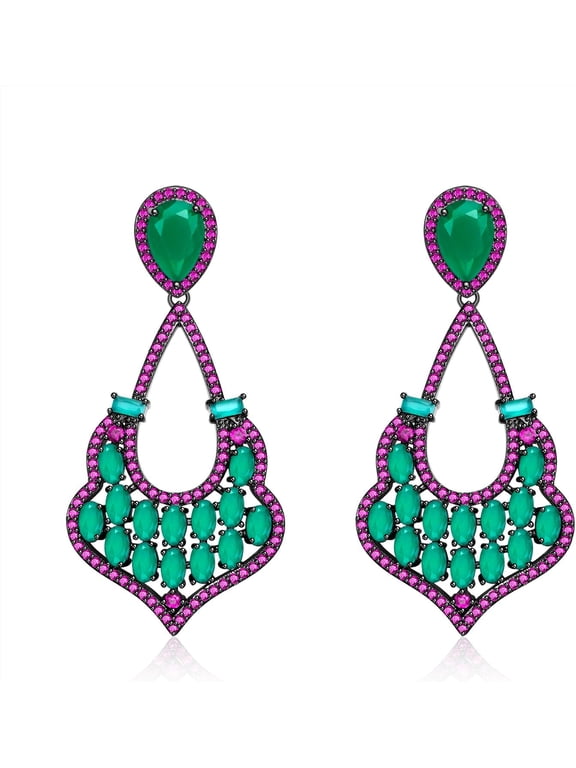 Dangle Emerald Green Crystal Earrings for Women Ruby Red Corundum Cubic Zirconia Drop Earrings Fashion Jewelry Gift for Wedding Prom Party