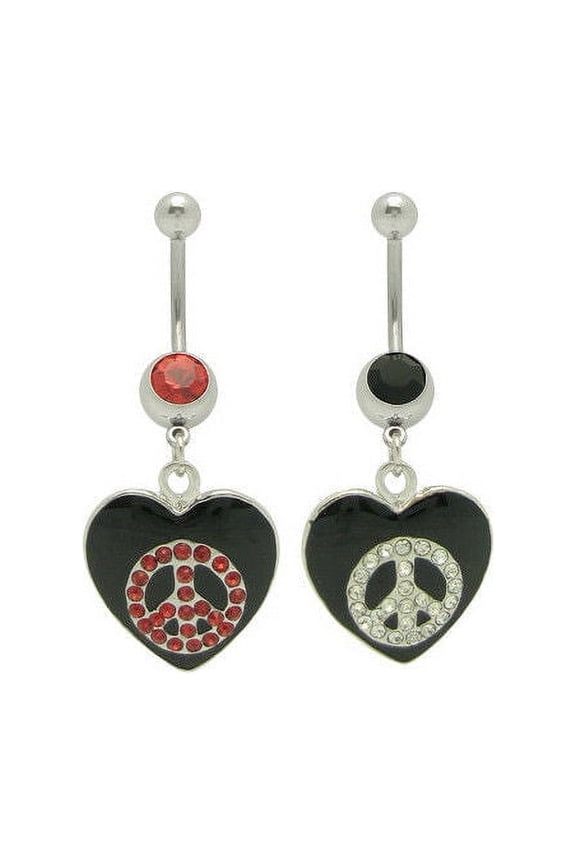 Dangle Heart Peace Sign Belly Ring with Cz Gems