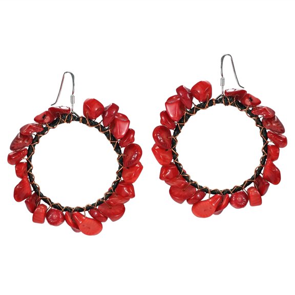 Dangle Hoop Copper Wire Synthetic Coral .925 Sterling Silver Earrings