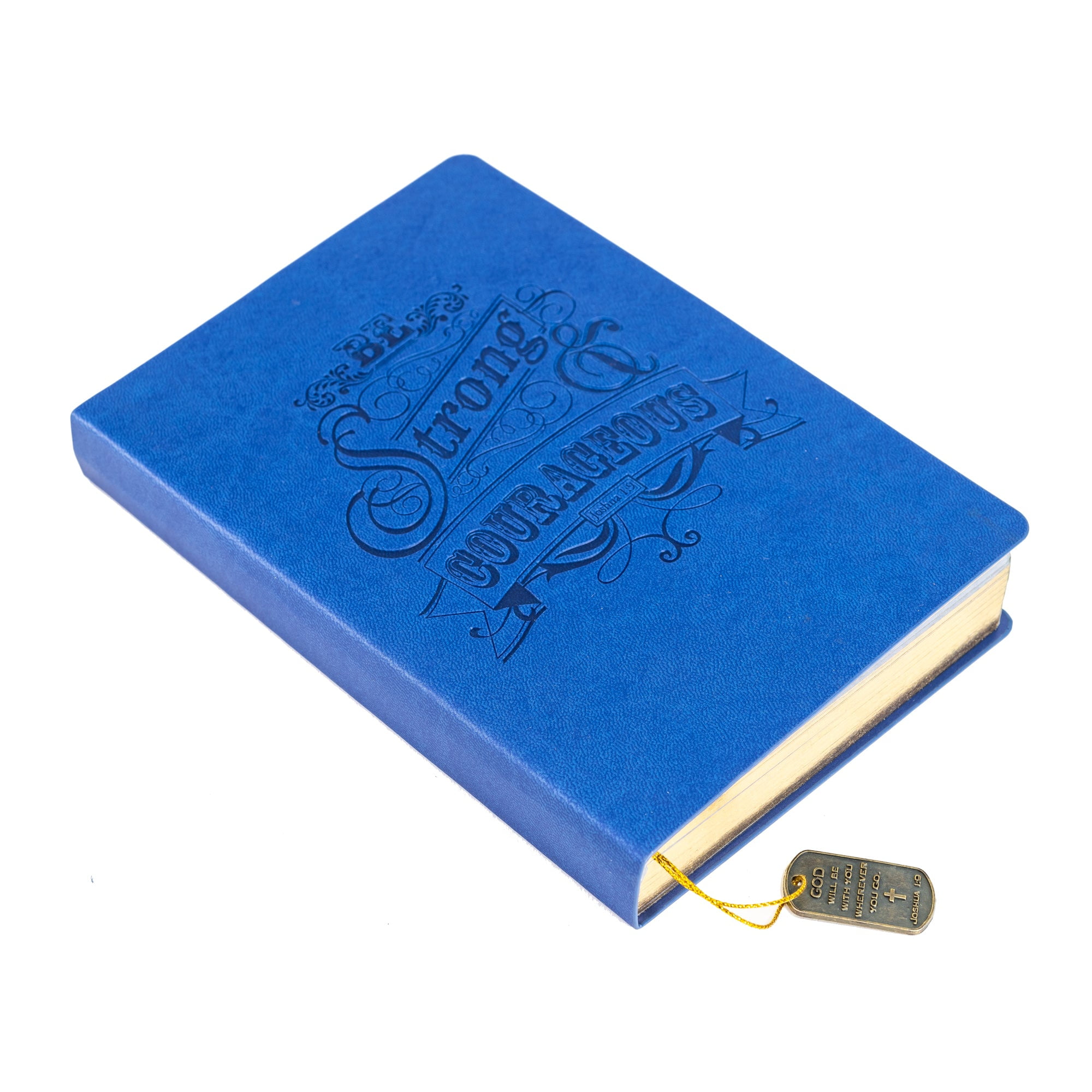 DIVINITY BOUTIQUE Dangle Journal : Leather Wrapped Navy Be Strong & Courageous, Dog Tag Charm