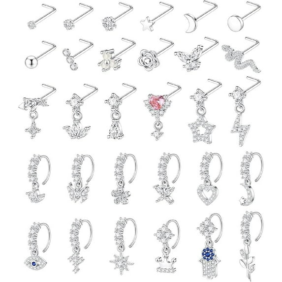 Dangle Nose Ring for Women L Shaped Dangling Nose Stud Surgical Steel Nose Ring Studs Dainty CZ Flower Heart Moon Star Dangle Rings Hoops Nose Piercing Jewelry