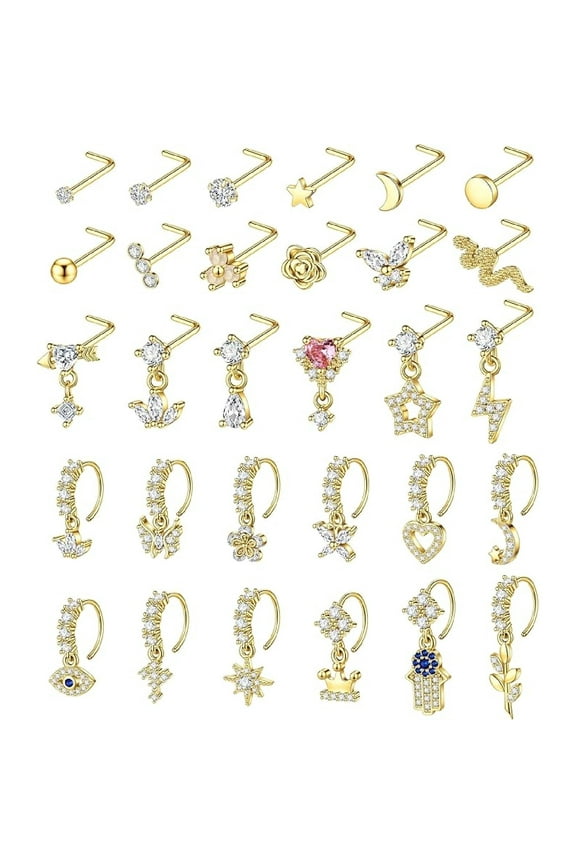 Dangle Nose Ring for Women L Shaped Dangling Nose Stud Surgical Steel Nose Ring Studs Dainty CZ Flower Heart Moon Star Dangle Rings Hoops Nose Piercing Jewelry