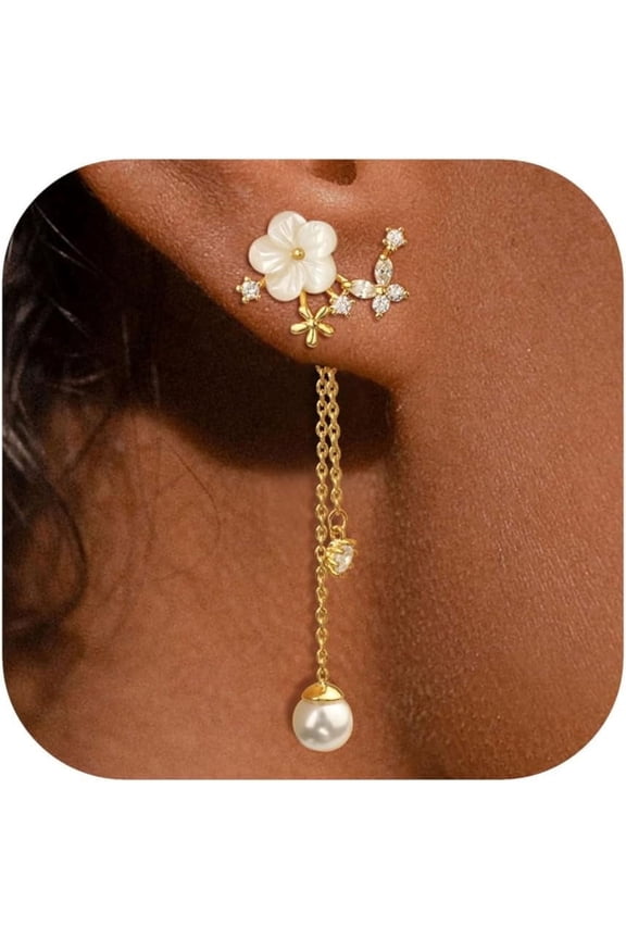 Dangle Pearl Drop Earrings For Women Trendy Long Threader Chain Dainty Flower Wedding Earrings For Brides CZ Cute 14K Gold Plated Statement Sparkly Jewelry