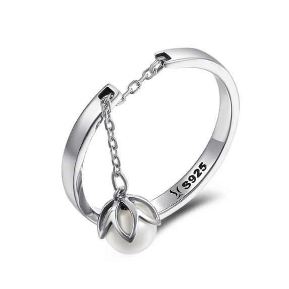Dangle Pearl Flower Open Statement Ring Sterling Silver Band for Women