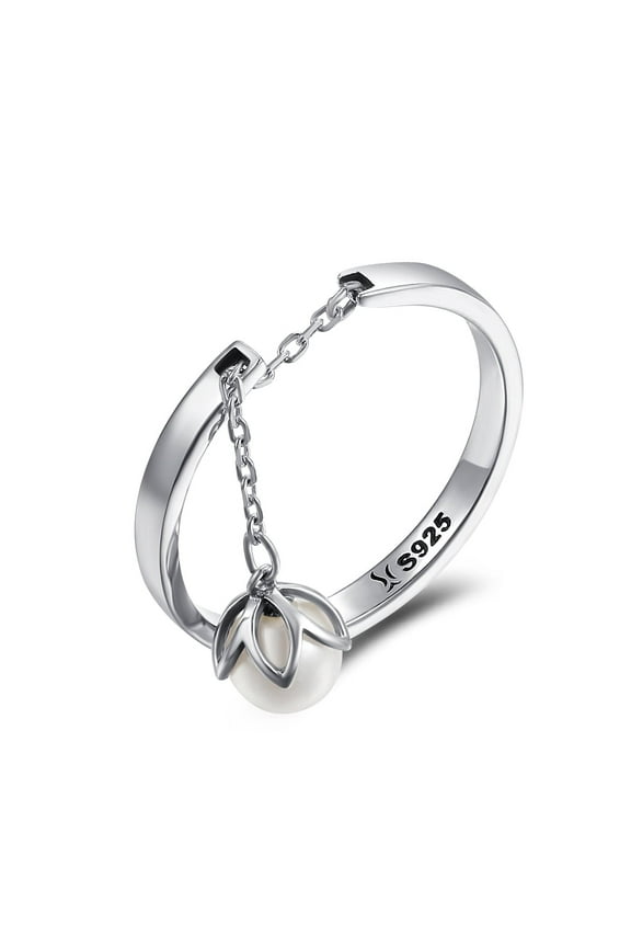 Dangle Pearl Flower Open Statement Ring Sterling Silver Band for Women