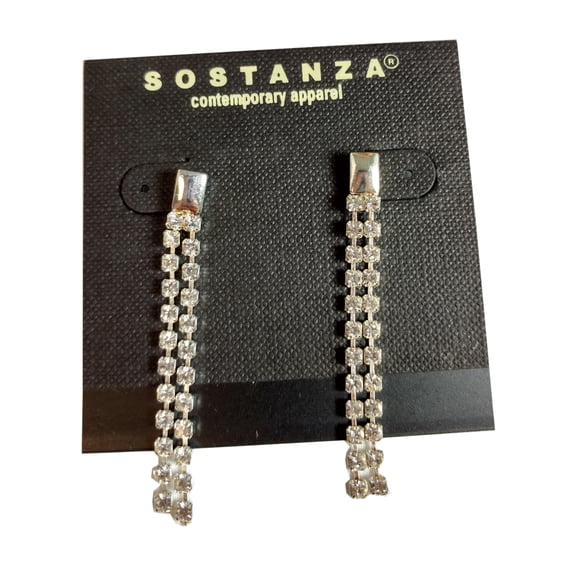 Dangle Rhinestone Silver Tone Drop Chandelier Pierced Earrings 2" Sostanza Mens Adult Male