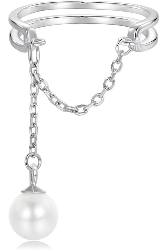 Dangle Shell Pearl Open Statement Ring for Women 925 Sterling Silver Adjustable Chain Tassel Stacking Rings Promise Wedding Engagement Layered Finger Band Elegant Christmas Birthday Jewelry Gifts