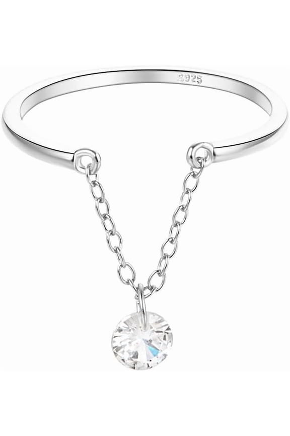 Dangling Charm CZ Sterling Silver Ring for Women Crystal Diamond Tassel Chain Sackable Finger Band Statment Ring Promise Rings Adjustable