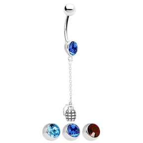 Dangling Grenade Belly Ring with CZ Gem