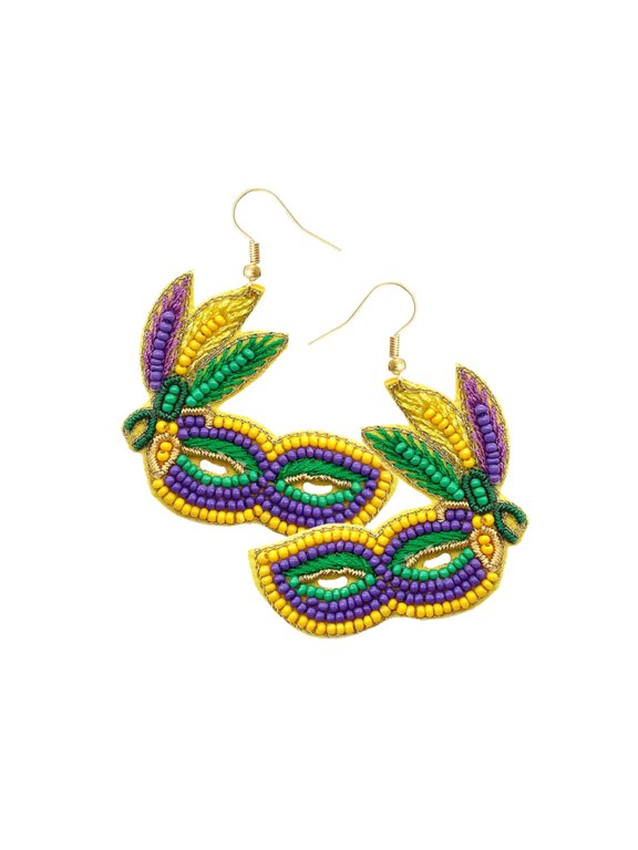 Dangling Mardi Gras Mask Seed Bead Earrings (Pair)