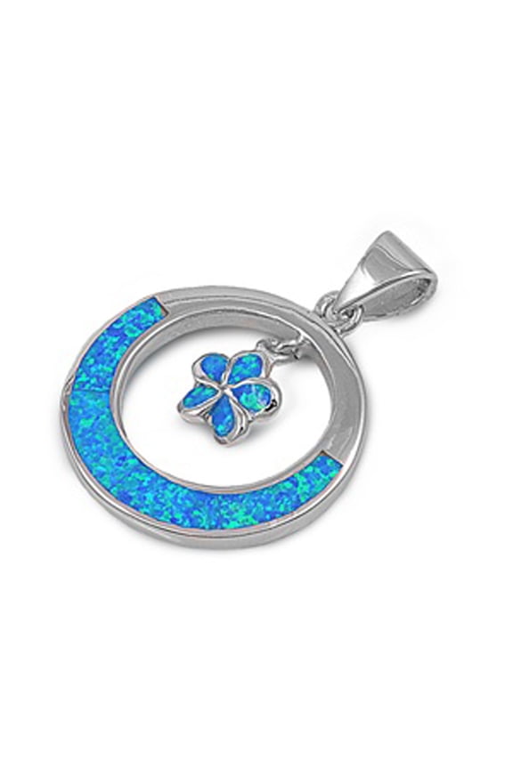 Dangling Plumeria Flower Pendant Blue Simulated Opal .925 Sterling Silver Charm Jewelry Female