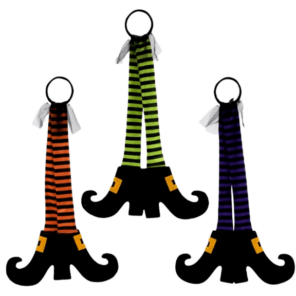 Dangling Plush Polyester Witch Legs for Wreaths Halloween Hanging Witch Leg Decorations, Orange Green Purple Striped Stockings Legs and Shoes - Pack of 3 with Bonus Item