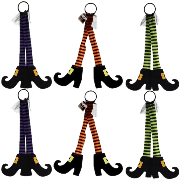 Dangling Plush Polyester Witch Legs for Wreaths Halloween Hanging Witch Leg Decorations, Orange Green Purple Striped Stockings Legs and Shoes - Pack of 6 with Bonus Item