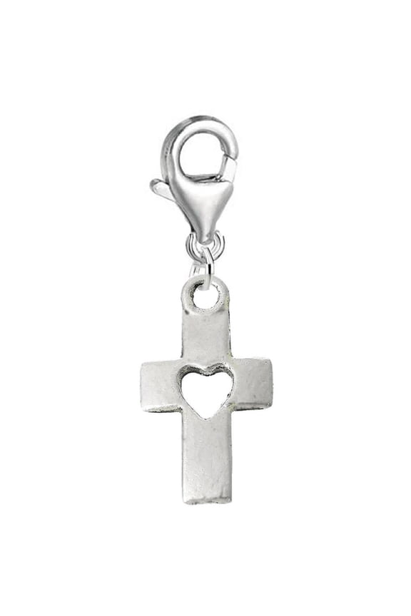 Dangling Religious "Cross w/ a Heart" Clip-on Bead for Charm Bracelet Lobster Claw Clasp Charm