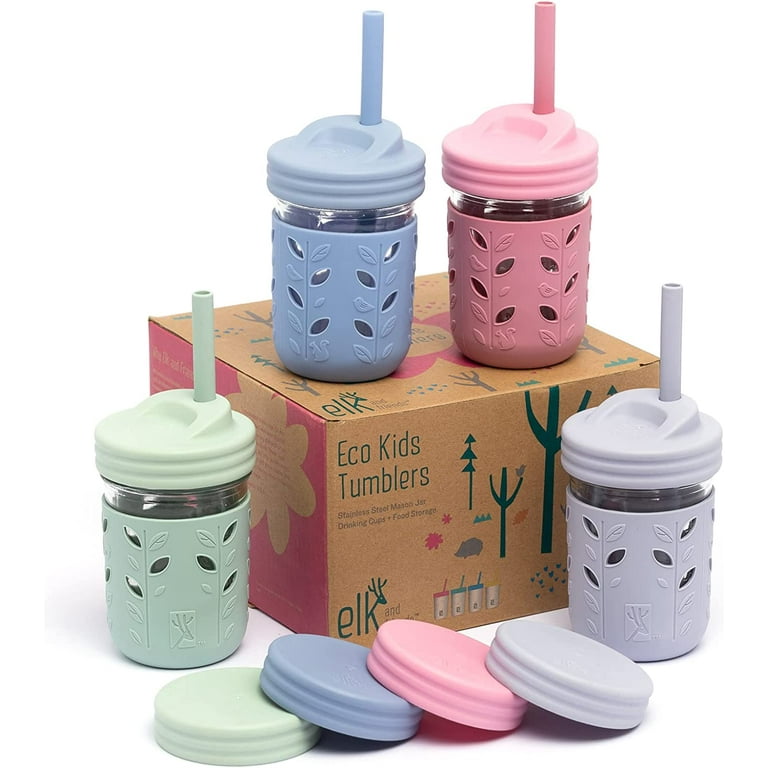 Danhaei Kids & Toddler Cups, The Original Glass Mason jars 8 oz with  Silicone Sleeves & Silicone Straws with Stoppers, Smoothie Cups