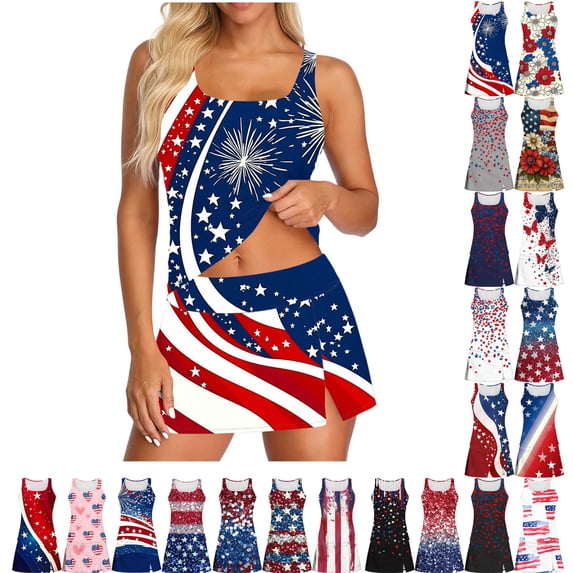 Danhjin 4th of July Tankini Swimsuits for Women Independence Day's 3 Piece Sets Tankini Top with Skirt and Brief Printed Tummy Control Bathing Suit