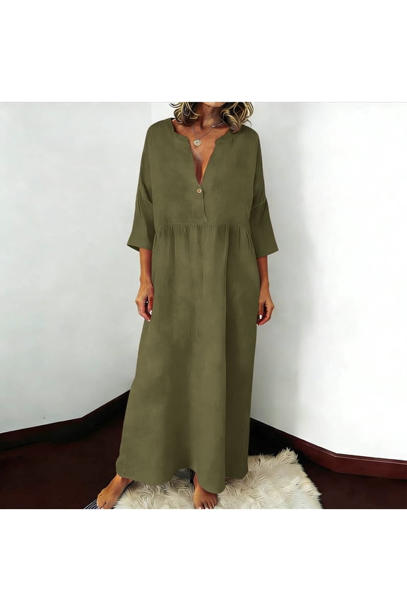 Army Green Women's Linen Summer Dresses V Neck 3/4 Sleeve Solid Color Casual Loose Shift Flowy Tunic Smock Summer Beachwear Vacation Dress