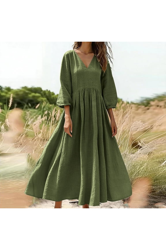 Army Green Women's Linen Summer Dresses V Neck 3/4 Sleeve Solid Color Casual Loose Shift Flowy Tunic Smock Summer Beachwear Vacation Dress