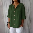 thumbnail image 1 of Danhjin Army Green Womens Linen Shirts Short Sleeve Button Down Soild Color V Neck Tops Casual Collared Button Down Blouses Loose Spring Summer Beach Tops, 1 of 5
