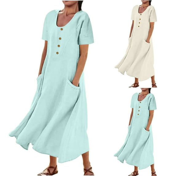 Danhjin Beige Womens Summer Dresses Plus Size Short Sleeve Casual Solid Color Cre W Neck Cotton Linen Long Dress with Pockets