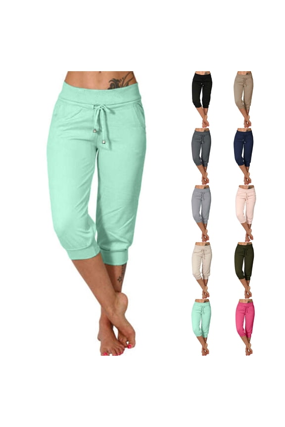 Black Capris Pants for Women Leggings Athletic Joggers Cropped Pants Summer Casual Drawstring Elastic High Waisted Pants with Pockets