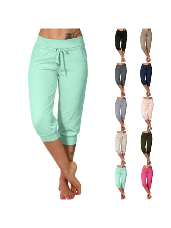 Black Leggings for Women Capris Sweatpants Joggers Cropped High Waisted Pants Drawstring Elastic Waist Summer Casual Hiking Athletic with Pockets