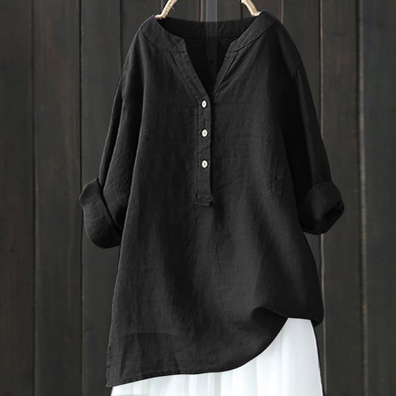 Danhjin Black Linen Shirts For Womens Casual Loose Collared Button Down Blouses Spring Summer Beach Tops Short Sleeve V Neck Shirts