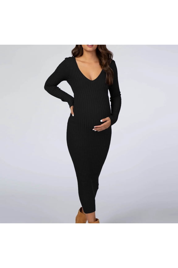 Black Maternity Dress For Baby Shower & Photoshoot Smocked V Neck Long Sleeve Ruched Casual Dresses Pregnancy Maternity Nightgown