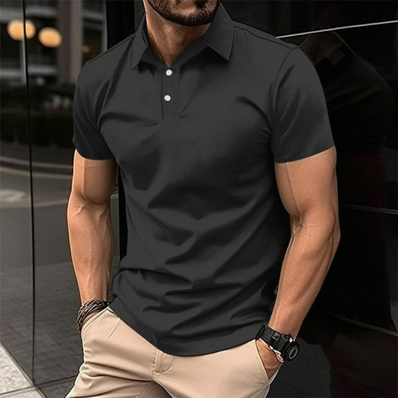 Danhjin Black Mens Lapel T-Shirt Short Sleeve Solid Color V Neck Collared Top Comfy Summer Spring Golf Tee Shirt Fashion Stylish Soft Breathable Pullover Shirts with Button