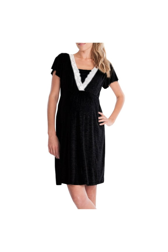 Black Nursing Dress for Maternity Breastfeeding Midi Dress Flowy V Neck Short Sleeve Lightweight Solid Color Casual Comfy Loose Dress