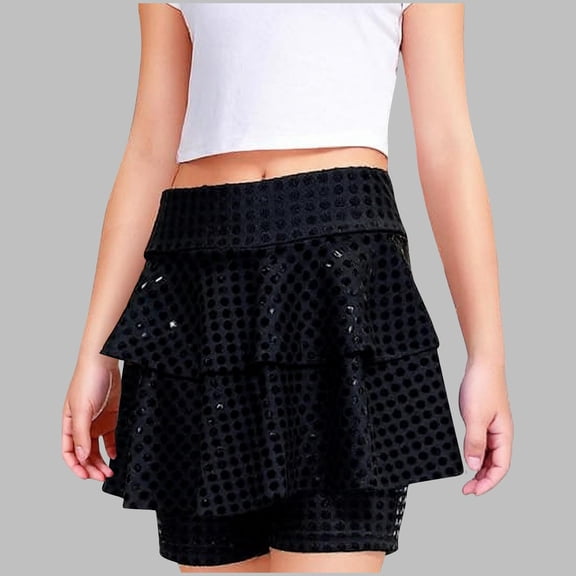 Danhjin Black Sparkle Sequin Skort for Girls Kids Elastic High Waist Layer Ruffle Skirt Dance Outfit Party Scooter Skorts for 3-15Y