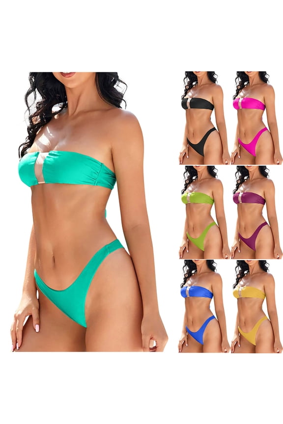 Women's Bandeau Strapless Bikini Swimsuit Set Mesh Patch Two-Piece Bathing Suits Set High Cut Solid Color Beach Pool Party Holiday Vacation Swimwear