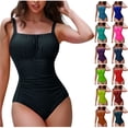 thumbnail image 1 of Danhjin Black Women Ruched Swimsuits 1 Piece Set Solid Color Surfing Swimming Swimwear Slim Tummycontrol Squares Neck Beach Summer Bathing Swim Suits, 1 of 8