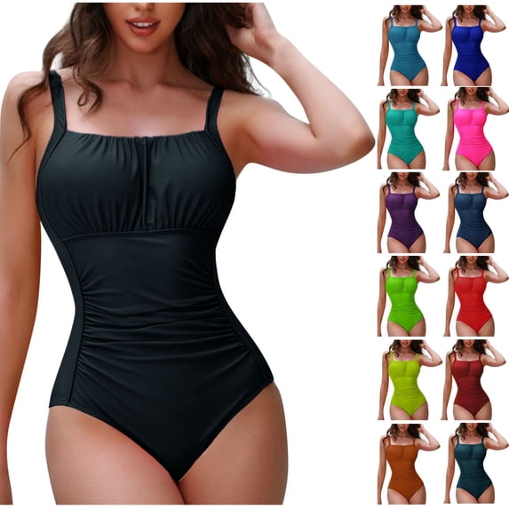 Danhjin Black Women Ruched Swimsuits 1 Piece Set Solid Color Surfing Swimming Swimwear Slim Tummycontrol Squares Neck Beach Summer Bathing Swim Suits