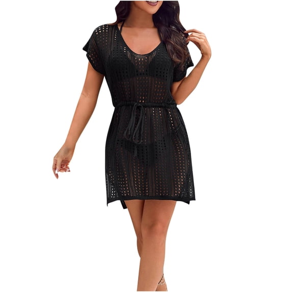Danhjin Black Women Summer Swimsuit Cover up Dress Lightweight Hollow out Fashion Beachwear Bikini Swimwear Bathing Beach Activity Casual Short Sleeve Coverups