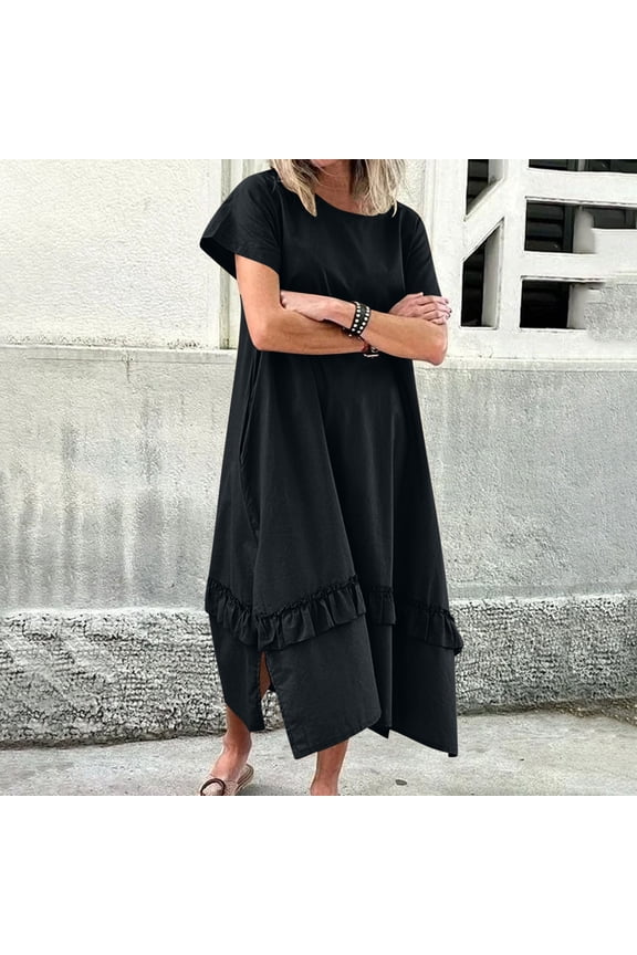Black Women's Summer Dress Casual Cre W Neck Short Sleeve Pleated Flare Midi Dress Loose Knee Length Dresses Ne W