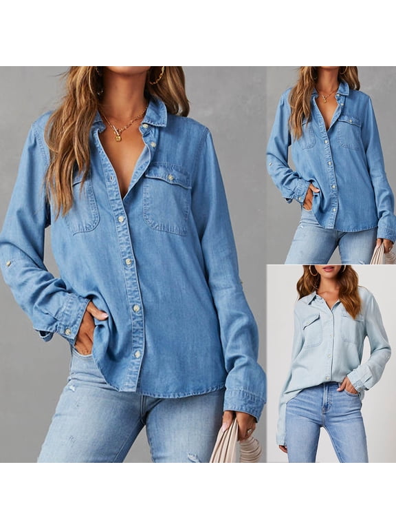 Blue Denim Top for Women Long Sleeve Button Down Blouse Jean Shacket Spring Fall Chambray Shirt