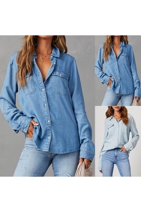 Blue Denim Top for Women Long Sleeve Button Down Blouse Jean Shacket Spring Fall Chambray Shirt