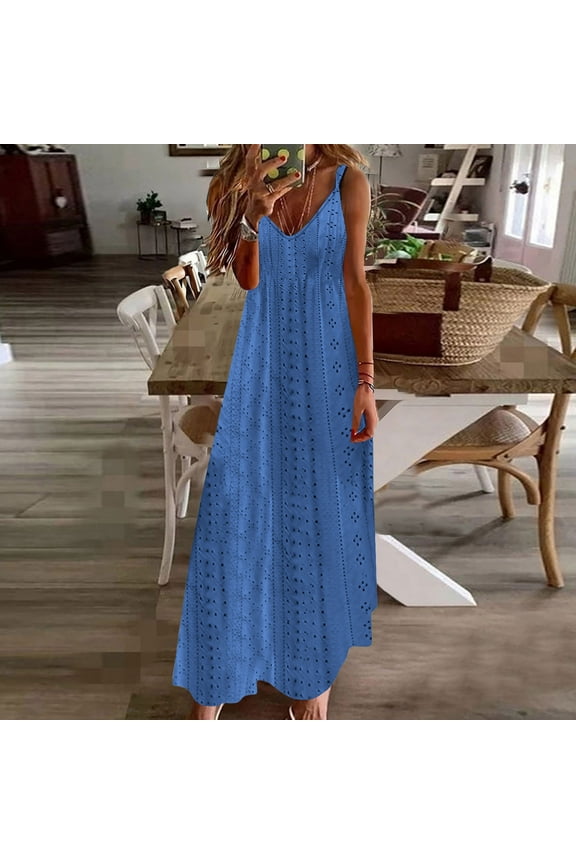 Blue Summer Dresses for Women Casual V Neck Sleeve Less Maxi Dress Solid Color Spaghetti Strap Flowy Long Dress