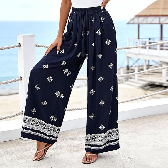 Danhjin Boho Pants For Womens Casual Wide Leg Loose Pants High Waisted Summer Beach Vacation Pants