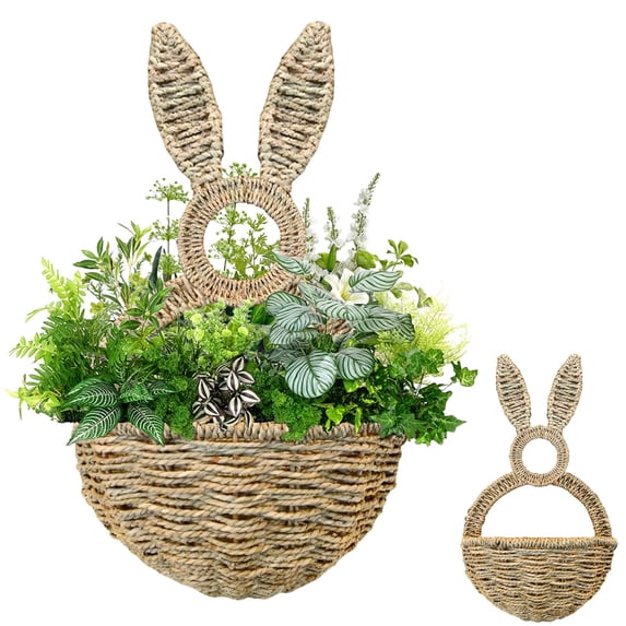 Danhjin Bunny Basket Hanging Wall Pocket Spring Decor, Hand Woven Hanging Basket Wicker Bunny Easter Decorations for Wall, 15*8.66in