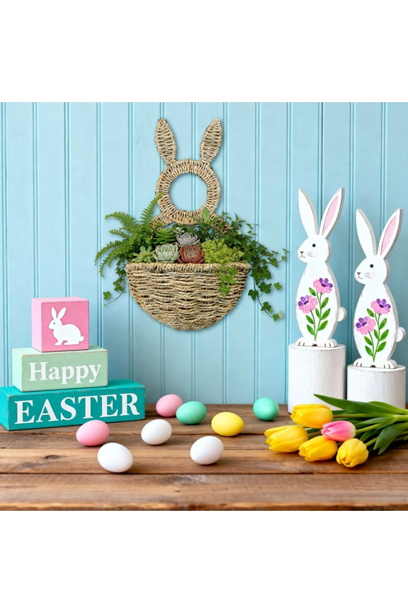 Bunny Basket Hanging Wall Pocket Spring Decor, Hand Woven Hanging Basket Wicker Bunny Easter Decorations for Wall, 15*8.66in